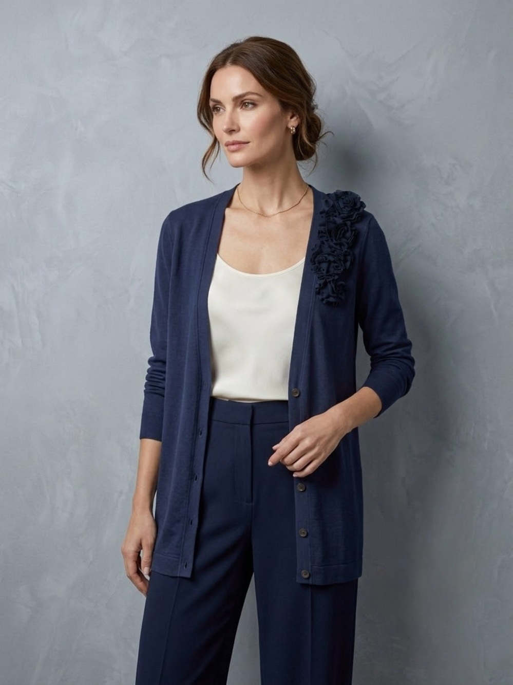J. Crew Navy Floral-Appliqué Button Cardigan